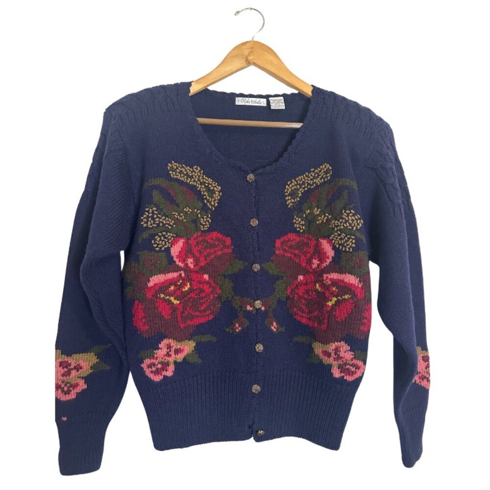 Robin Sinkler Floral Worsted Wool Cardigan Sweater Vintage Grandmacore  - Large